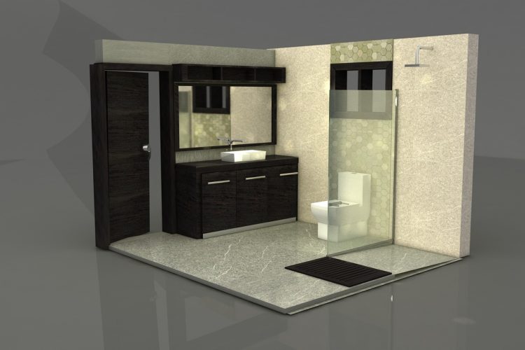 Modernes Badezimmer-Design: 3D-Rendering eines stilvollen Badezimmers mit dunkler Holzoptik. Der Raum verfügt über ein Waschbecken mit Spiegel, eine Toilette und eine ebenerdige Dusche mit Glasabtrennung. Helle Steinfliesen und sechseckige Mosaikfliesen setzen elegante Akzente.