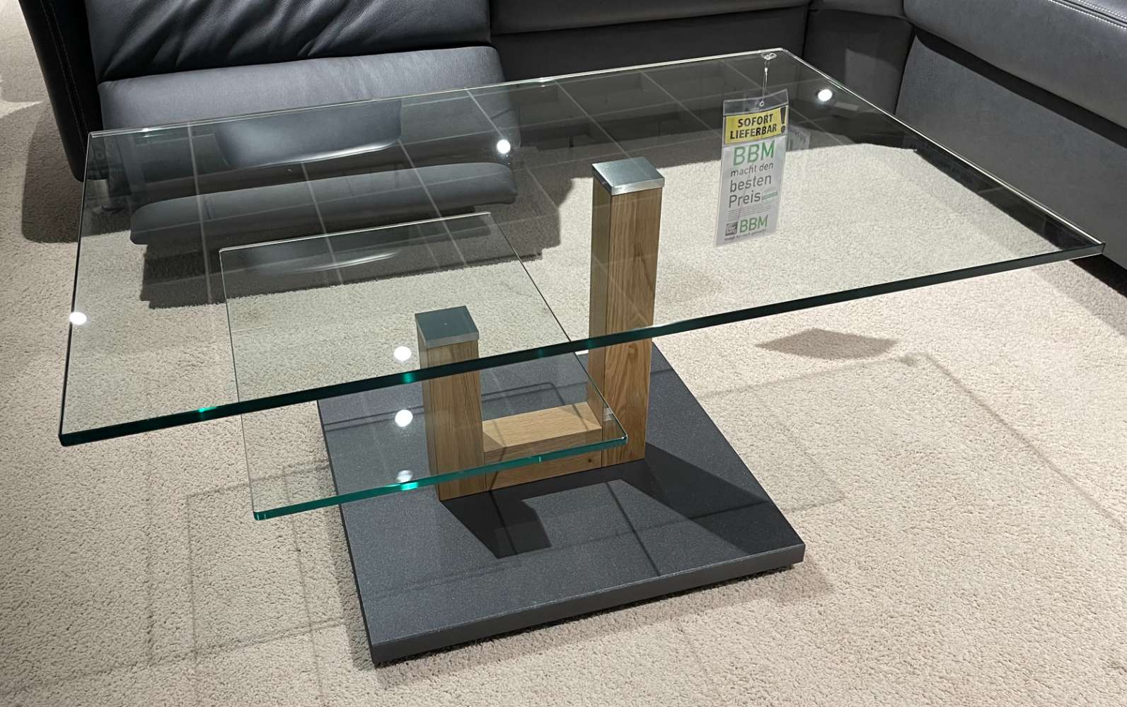 Couchtisch Eiche Öllack, BHT Klarglas ca 90×60, Sockel ca 50x45cm