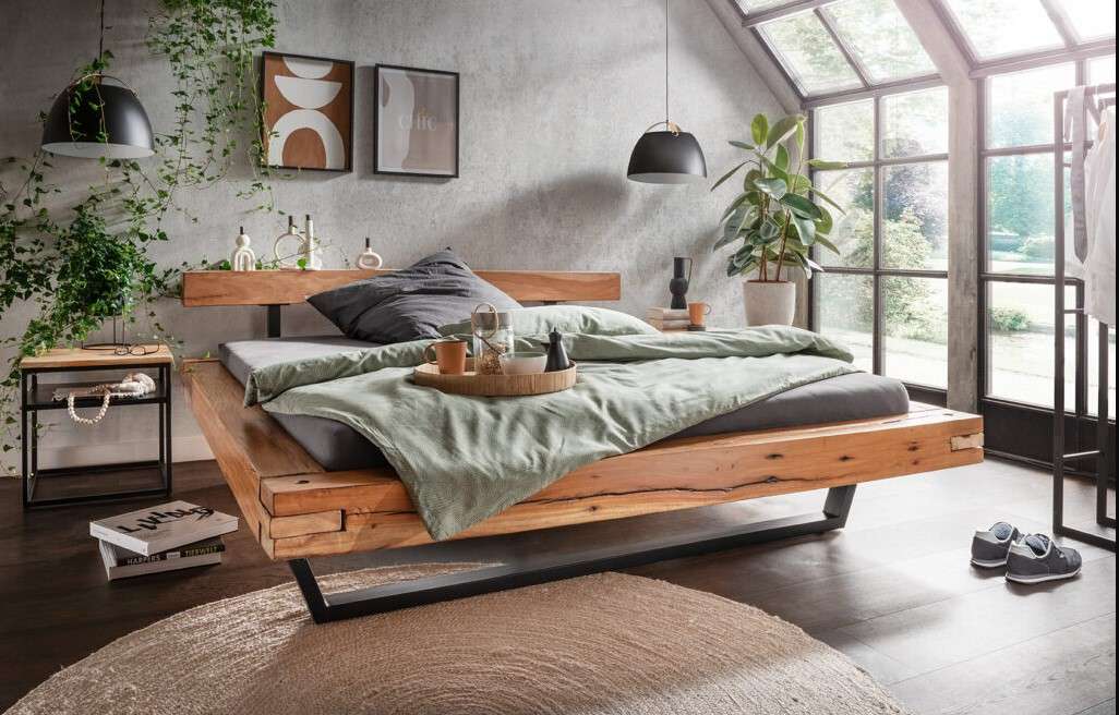 Balkenbett massiv Oldwood / Metall schwarz