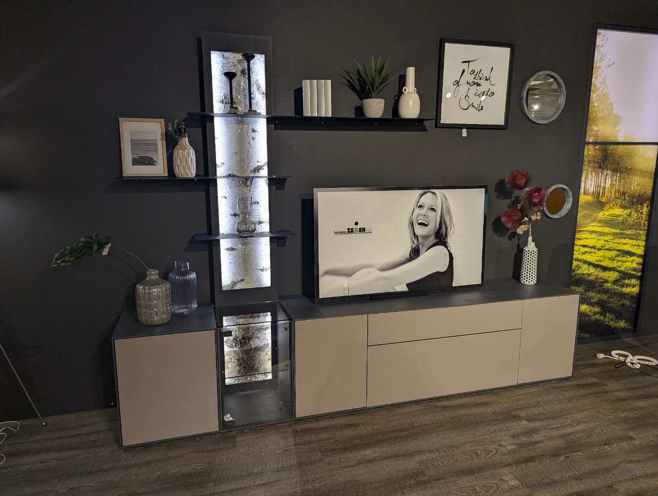 Wohnkombi Kernbirke massiv anthrazit, mit Birkenrinde