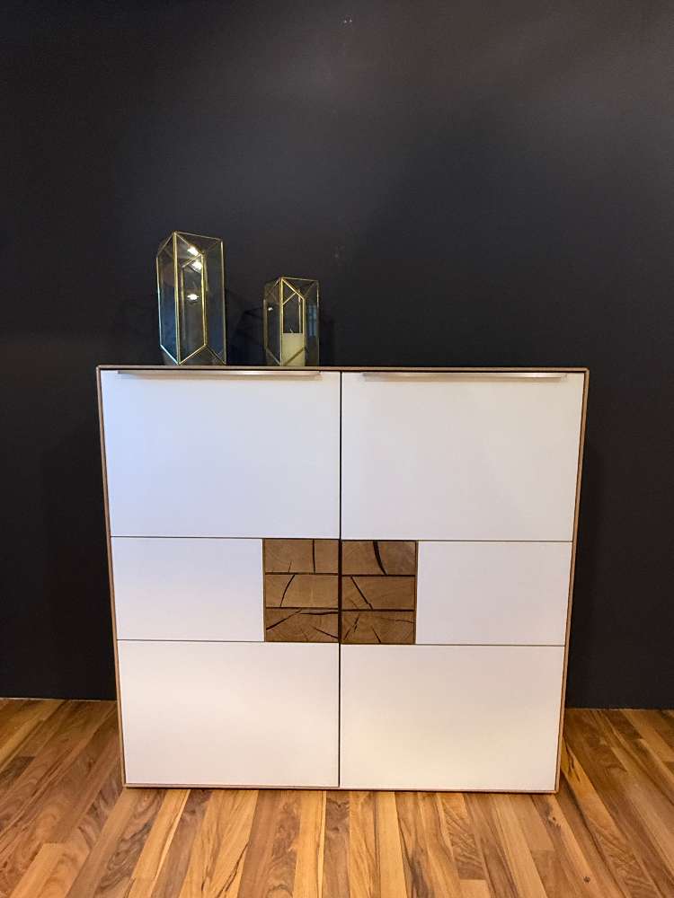 Highboard Glas weiß/ Asteiche bianco massiv geölt, Hirnholzakzent