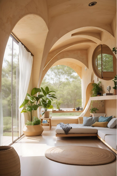 Wohnzimmer mit sehr hohen Decken, welche gemütliche Rundungen zeigen, Pflanzen stehen zur Dekoration vor dem Sofa, die Farbwahl liegt bei braunen Tönen