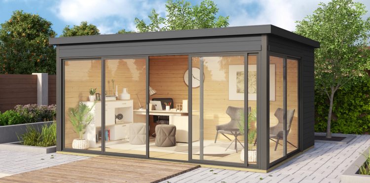 Modernes Gartenhaus in schwarz mit Büro