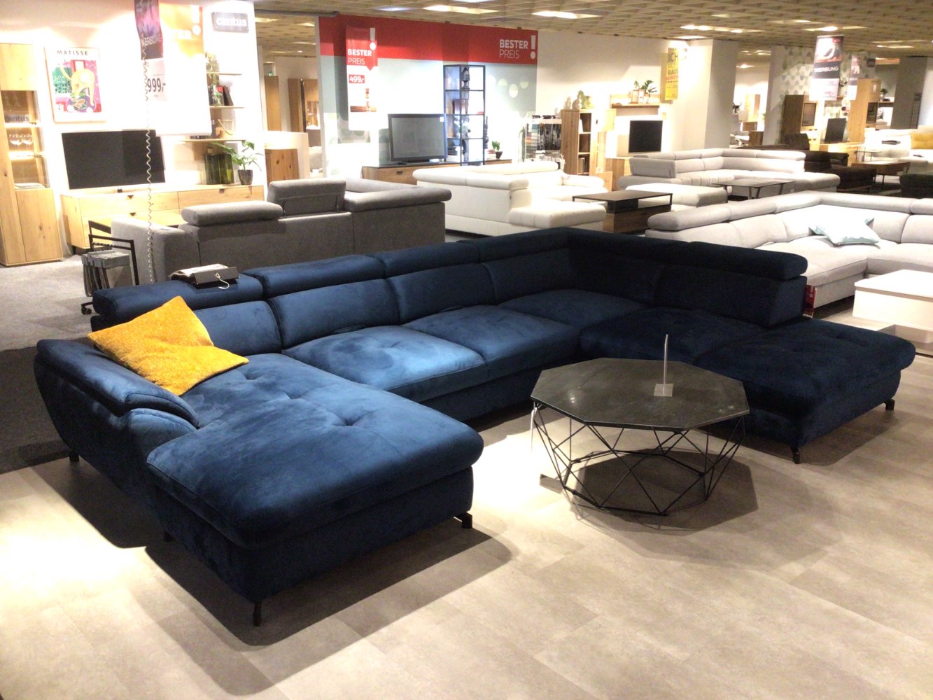 Möbel Wohnlandschaft Marola U – Form Stoff blau Bettfunktion XXXL