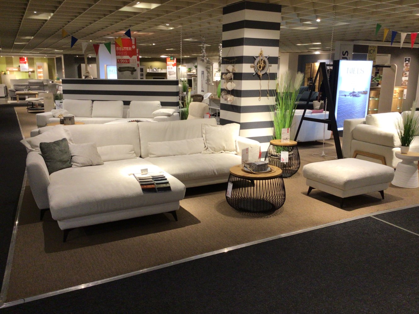 Möbel Ecksofa Mjörn Stoff beige inkl Hocker weiches Polster XXXL