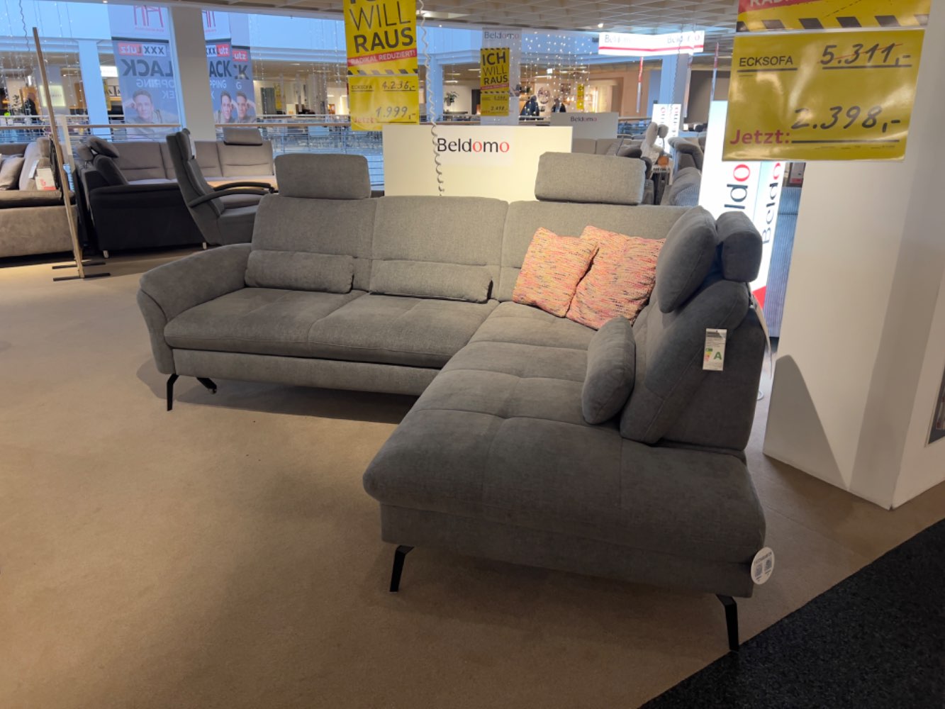 ECKSOFA INKL FUNKTIONEN WEBSTOFF GRAU