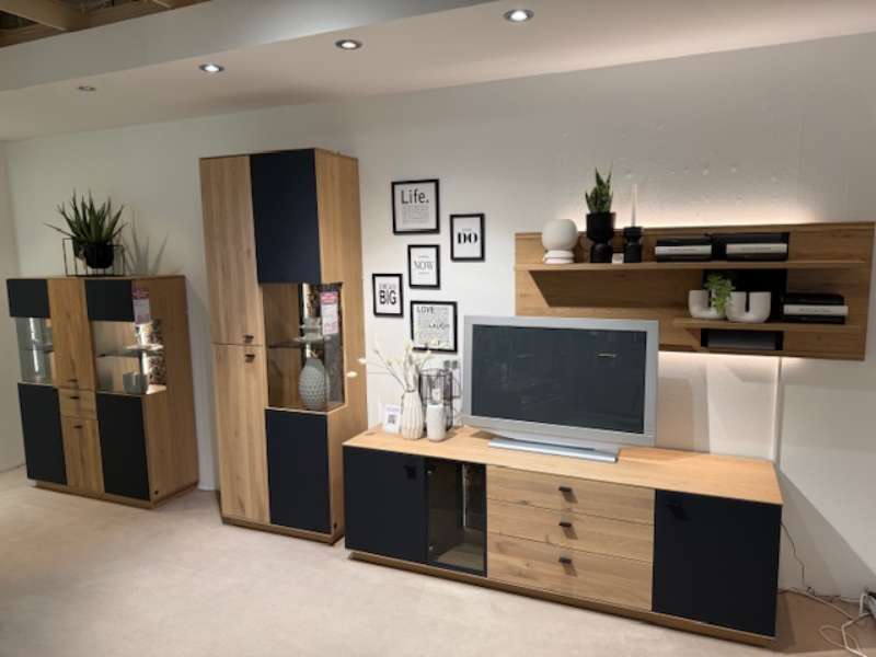 Wohnwand Wildeiche massiv/Dekor und Glas anthrazit