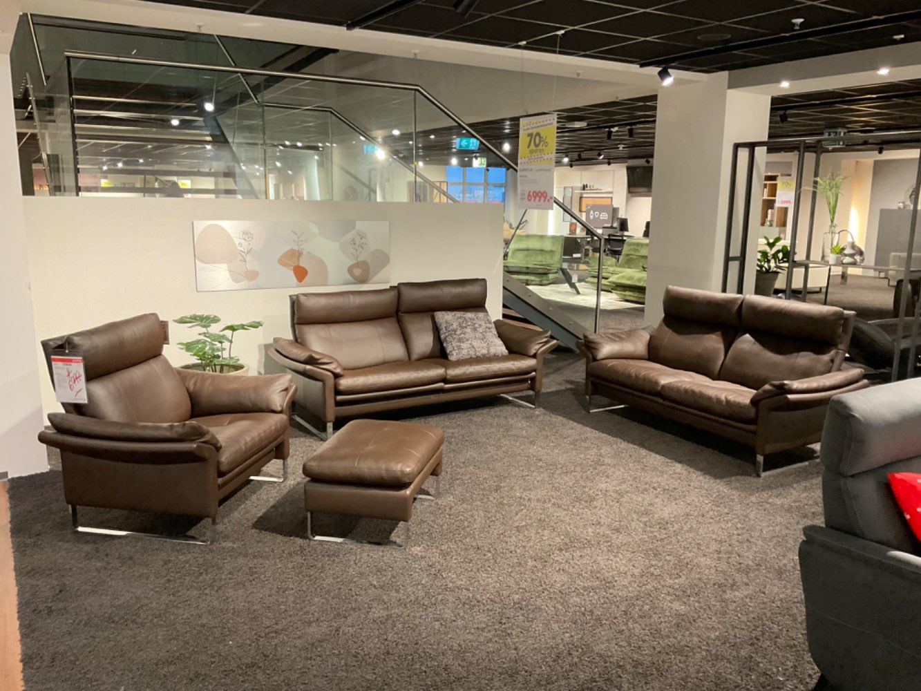 Garnitur Lederbezug Mocca (2,5- / 2- / 1- Sitzer mit Hocker)