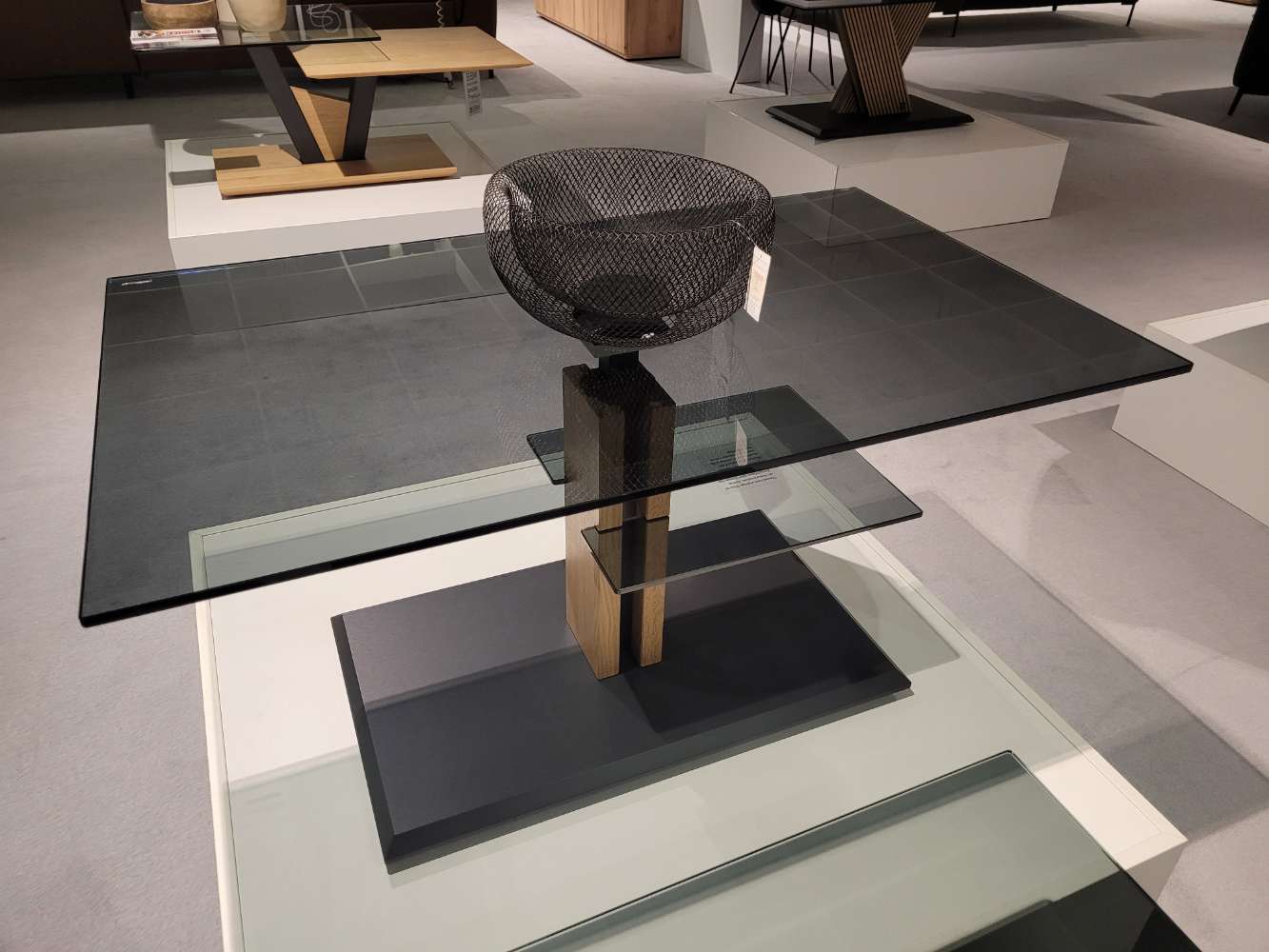 Couchtisch Parsolglas grau/Wildeiche bianco lackiert mit Lift