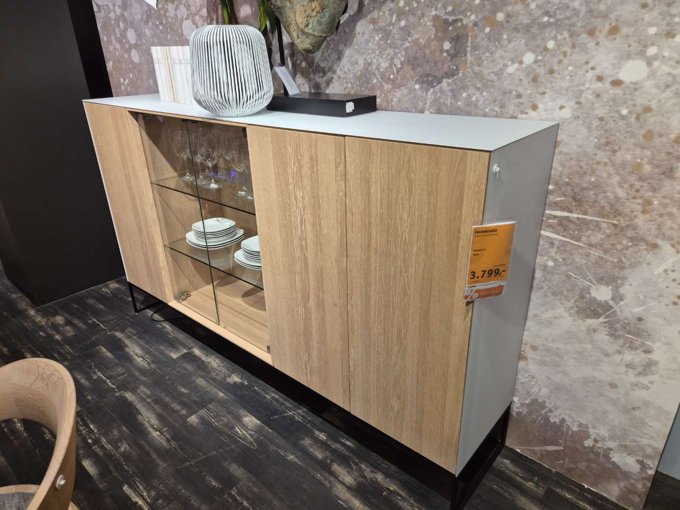 TEAM 7 Highboard Eicheweiss, Farbglas Weiss matt XXXLutz Fellbach