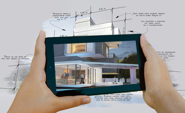 Im Hintergrund sieht man den gezeichneten Bauplan eines Hauses. eine Person hält ihr Handy drauf und auf dem Bildschirm erscheint das Bild des Hauses.