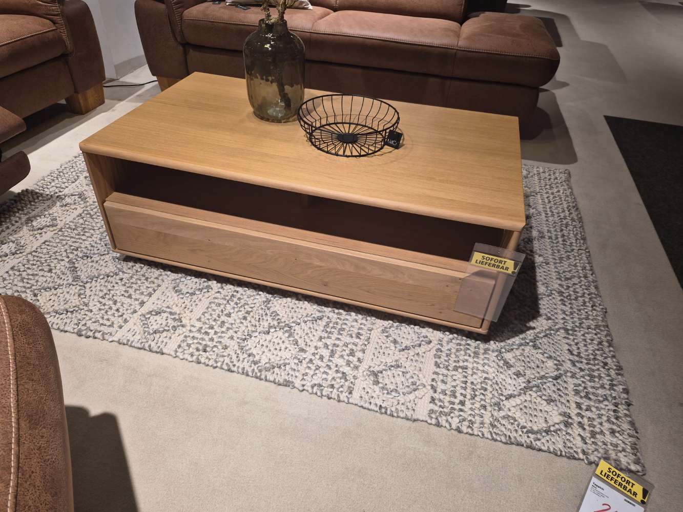 Couchtisch Balkeneiche Bianco geölt ,Schubkasten +2 Fächer,Rollen