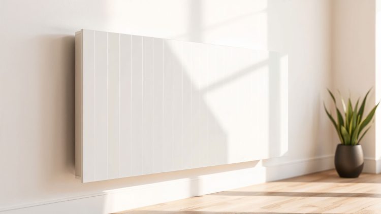 Weiße Elektroheizung an einer beigen Wand, die Sonne scheint durch das Fenster und wirft Schatten.