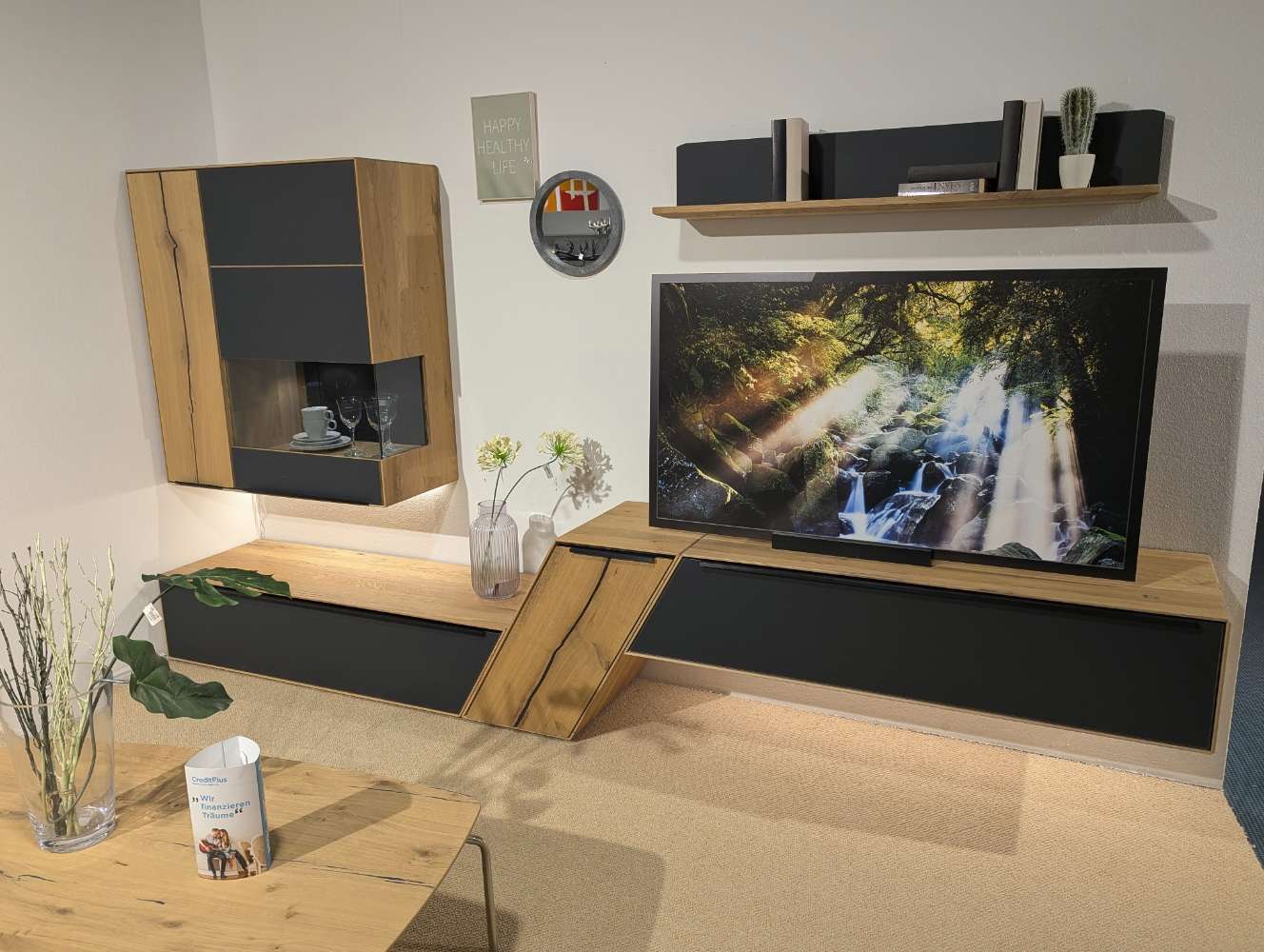 Asteiche Massivholz Anbauprog. mit Akent in Glas anthrazit