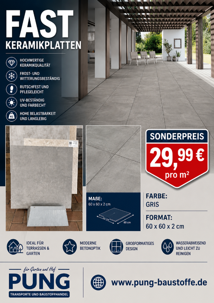 Fast Gris Keramik 60x60x2 cm rektifiziert Outdoor Plus (2.Wahl)