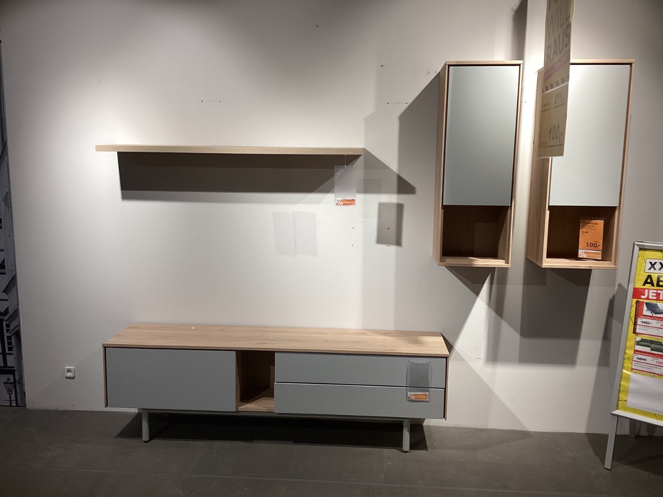 Möbel, Home24, Wohnwand Ema, ca. 180x56x40cm, Eiche, Grau