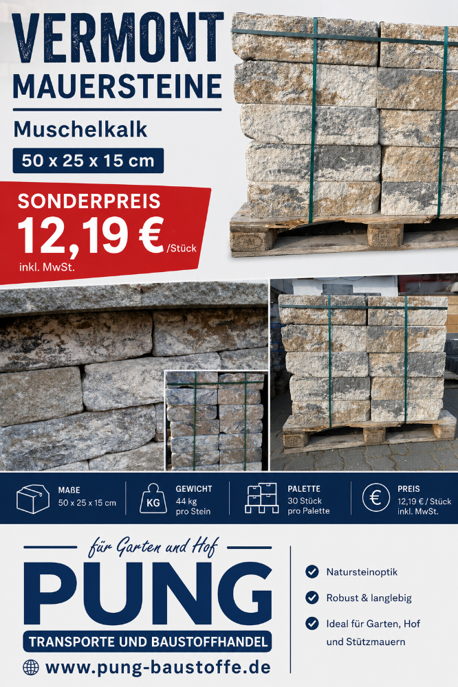 Vermont Bruchsteinmauer muschelkalk 50x25x15 cm Grundelement und Endelement (2.Wahl)