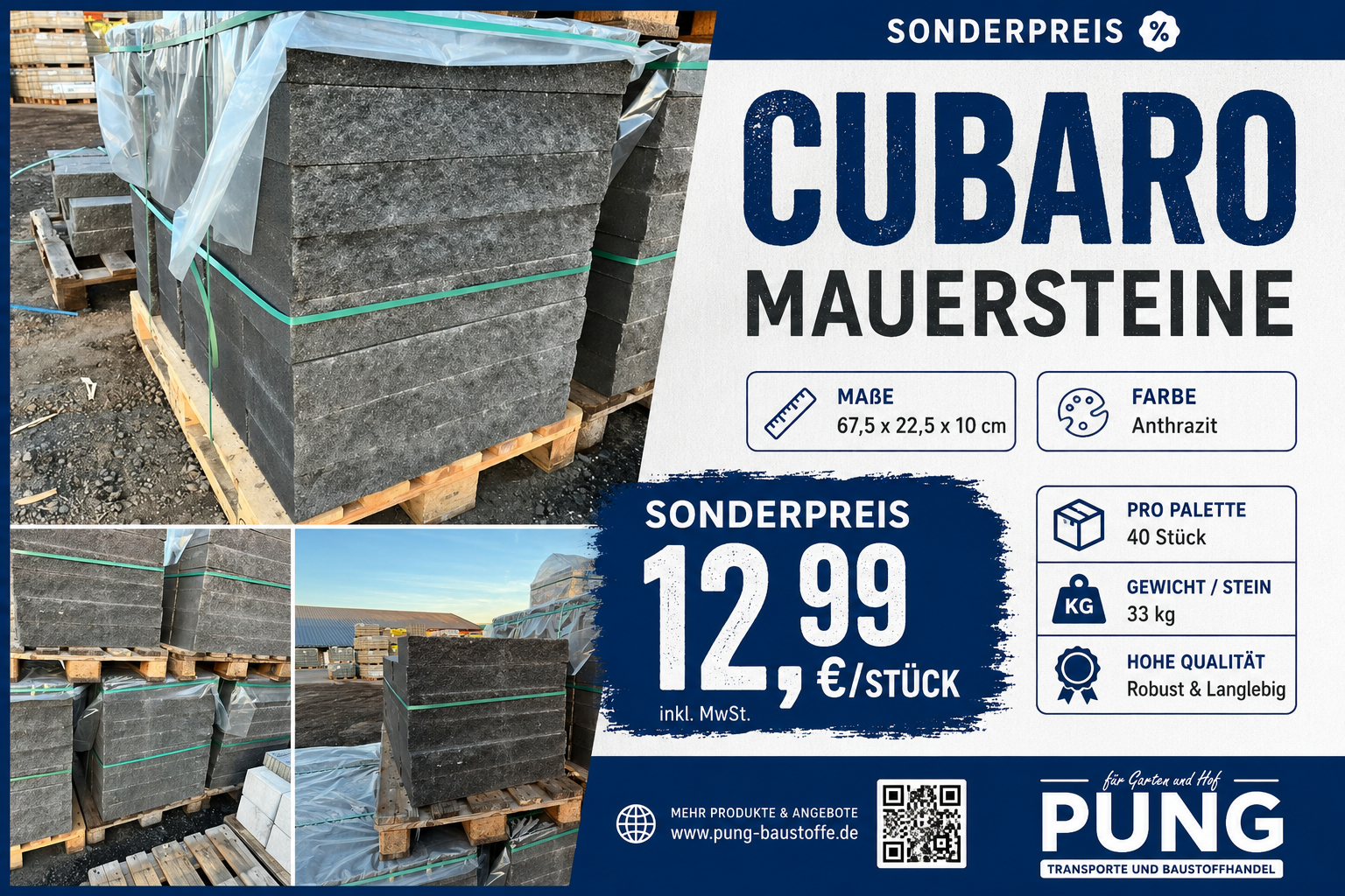 Cubaro Bruchsteinmauer anthrazit Grundelement und Endelement 67,5×22,5×10 cm (2.Wahl)