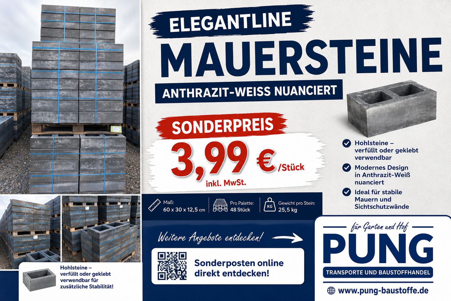 Elegantline Mauer anthrazit-weiß nuanciert 60x30x12,5 cm (2.Wahl)