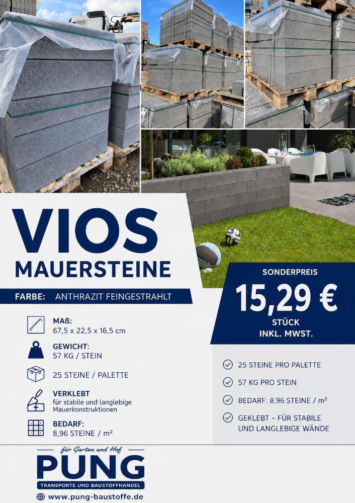 Vios Mauer anthrazit feingestrahlt 67,5×22,5 x 16,5 und 45×22,5×16,5 cm  (2.Wahl)