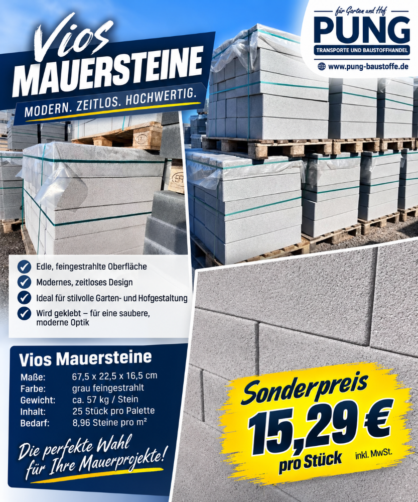 Vios Mauer grau feingestrahlt 67,5×22,5 x 16,5 und 45×22,5×16,5 cm (2.Wahl)