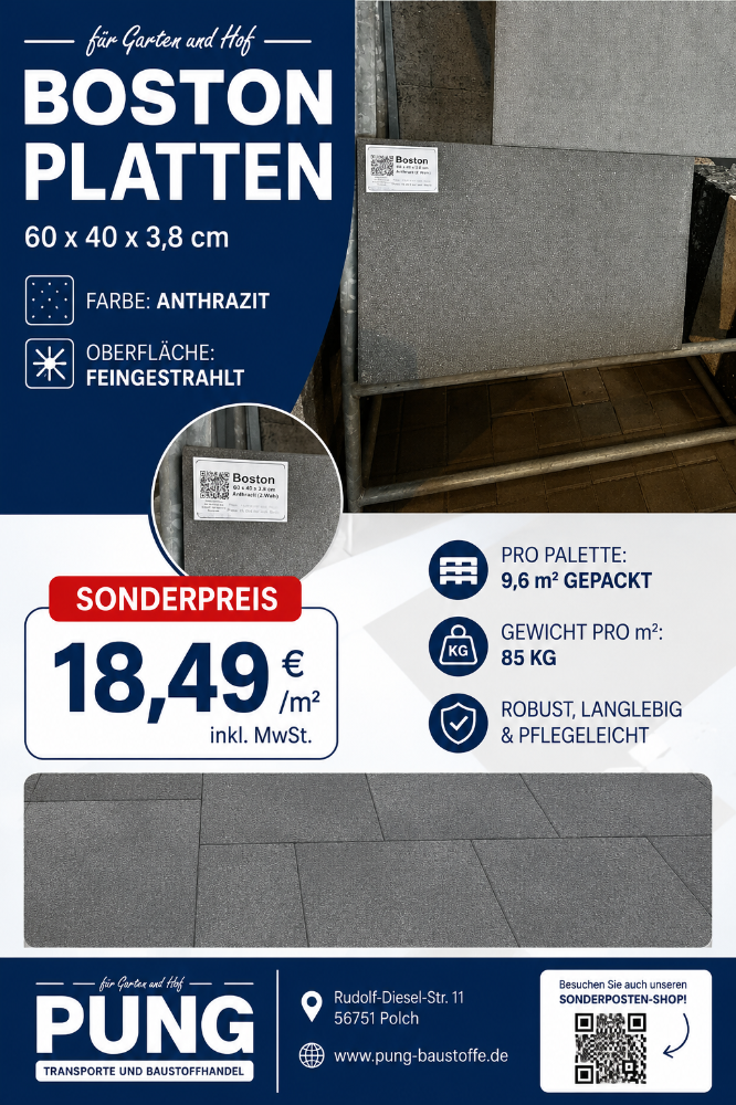 Boston Platten 60x40x3,8 cm anthrazit feingestrahlt (2.Wahl)