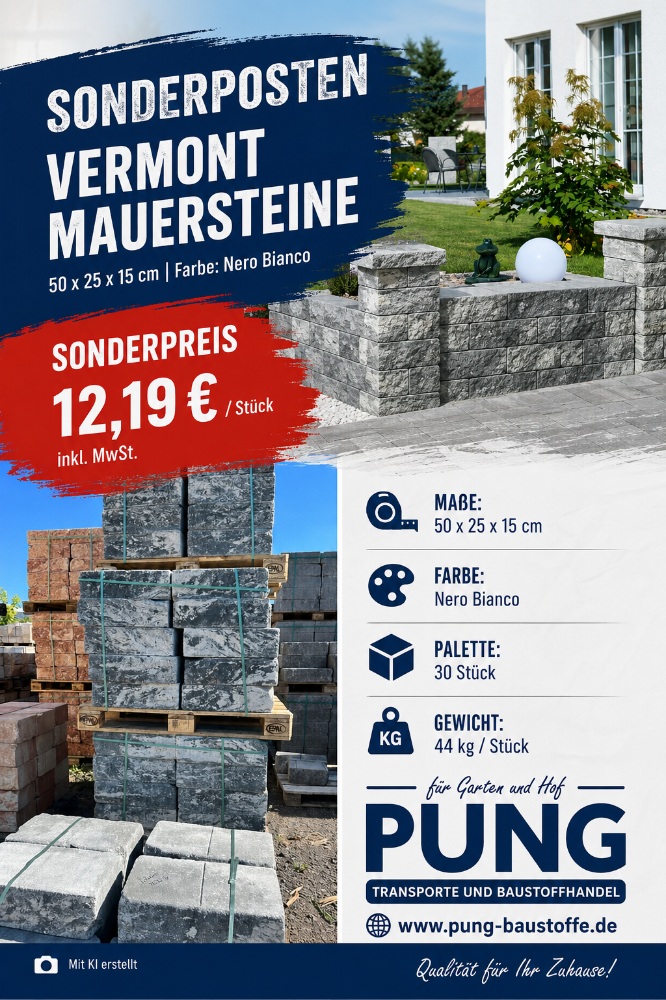 Vermont Bruchsteinmauer nero bianco 50x25x15 cm Grundelement und Endelement (2.Wahl)