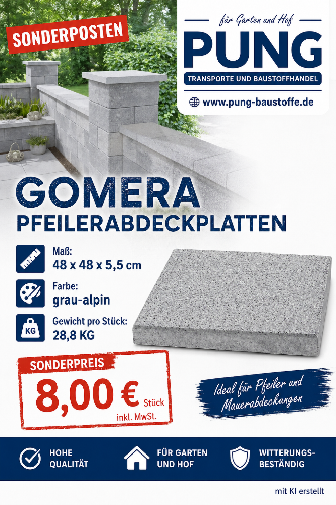 Gomera Pfeilerabdeckplatte 48x48x5,5 cm  grau alpin gewaschen