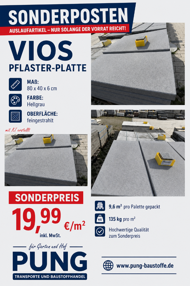 Vios Pflaster 80x40x6 cm Grau feingestrahlt (Restposten)