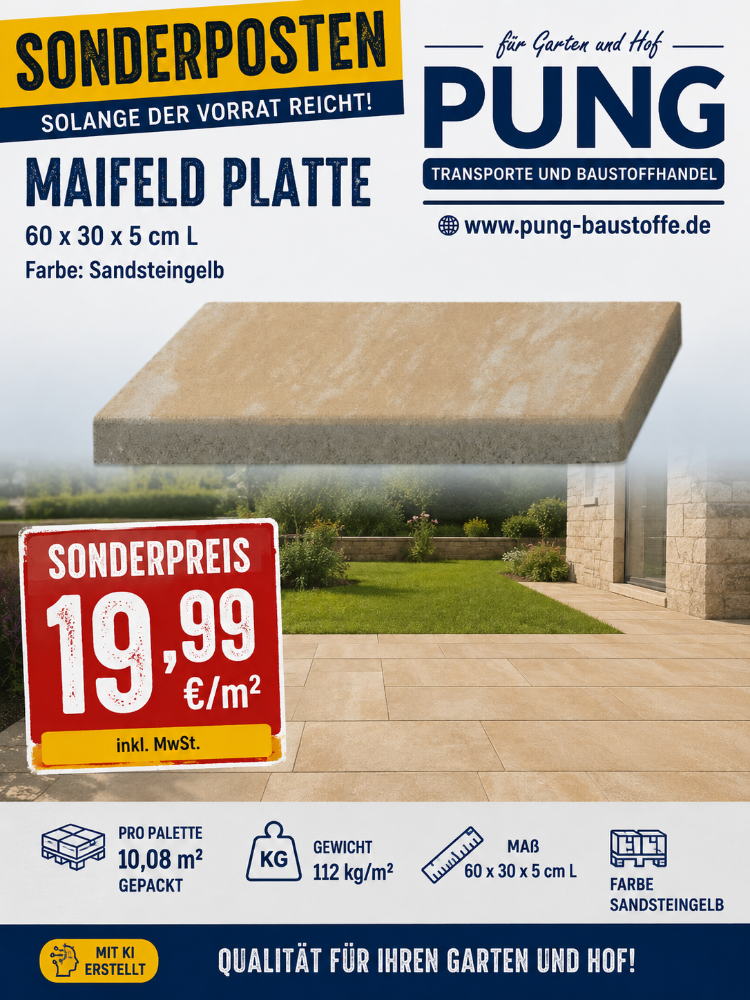 Maifeld Platten 60x30x5 cm Sandsteingelb betonglatt (2.Wahl)