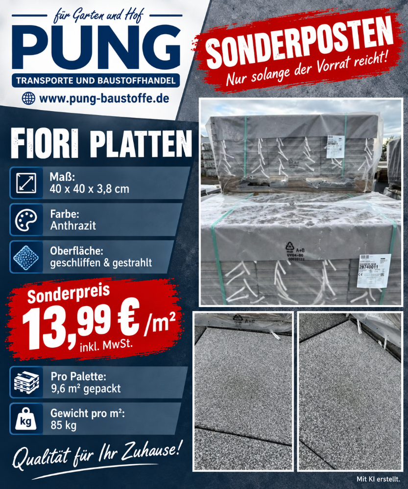 Fiori Terrassenplatten 40x40x3,8 cm anthrazit geschliffen & gestrahlt (2.Wahl)