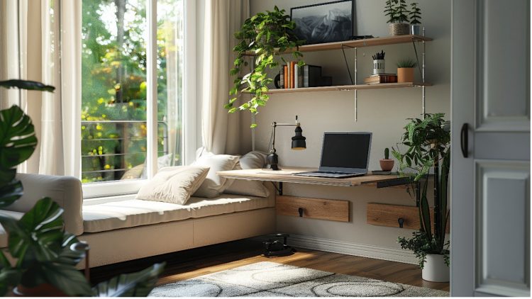 Schlafzimmer mit Schreibtisch an Wand