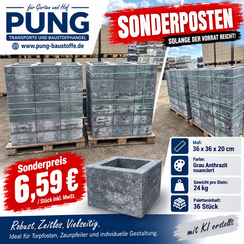 Pfeilersten 36x36x20 cm grau anthrazit (Zieglowski) (2.Wahl)