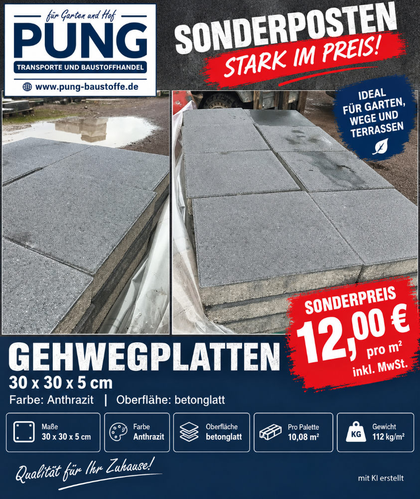 Gehwegplatte 30x30x5 cm anthrazit betonglatt (2.Wahl) KANN