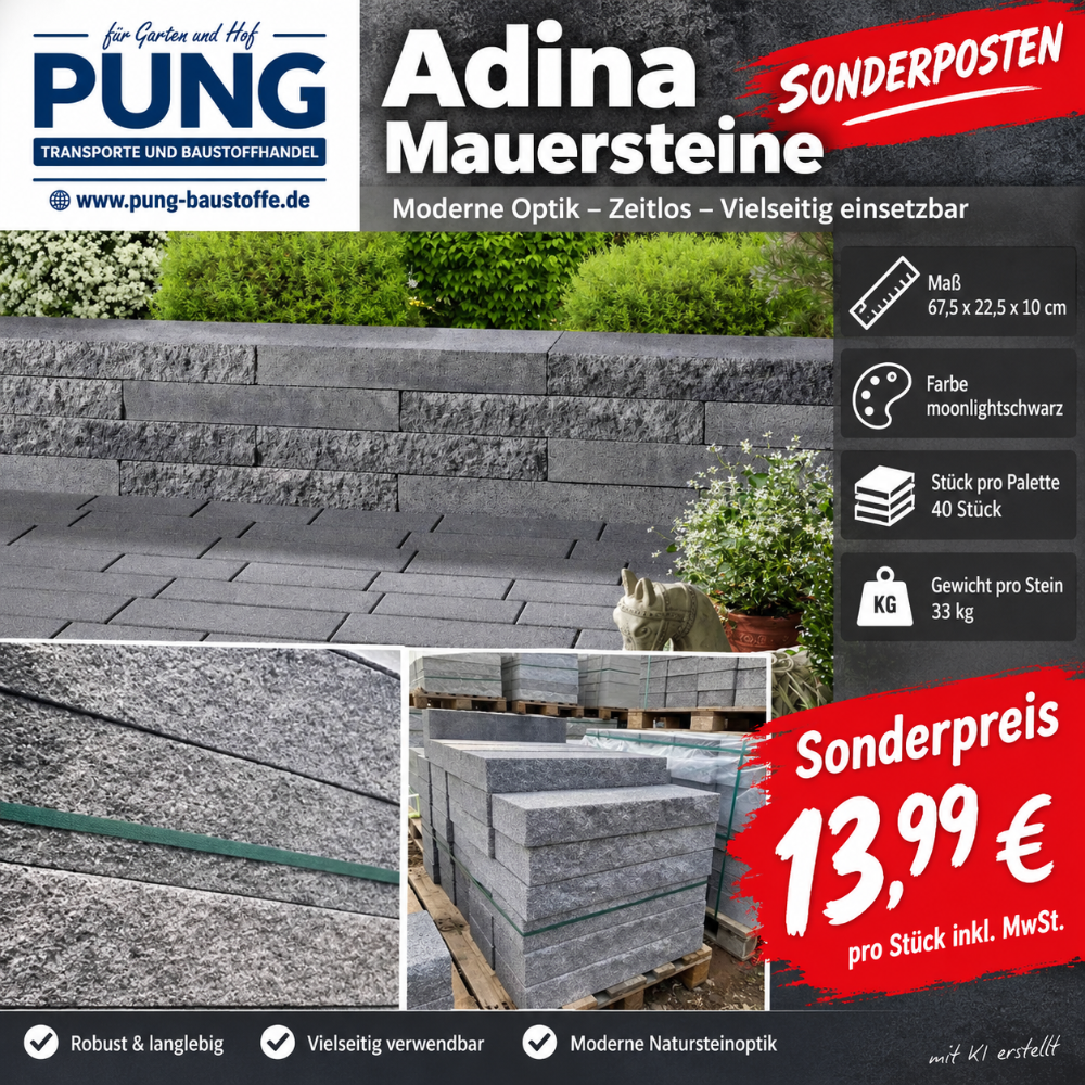 Adina Gartenmauer moonlightschwarz  67,5×22,5×10 cm und 33,75×22,5×10 cm (2.Wahl)