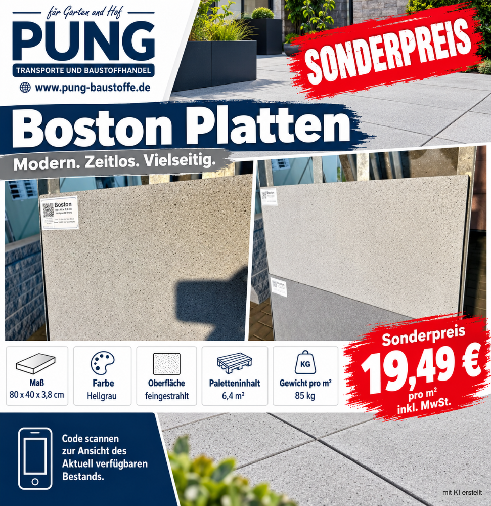 Boston Platten 80x40x3,8 cm hellgrau feingestrahlt ( 2.Wahl )