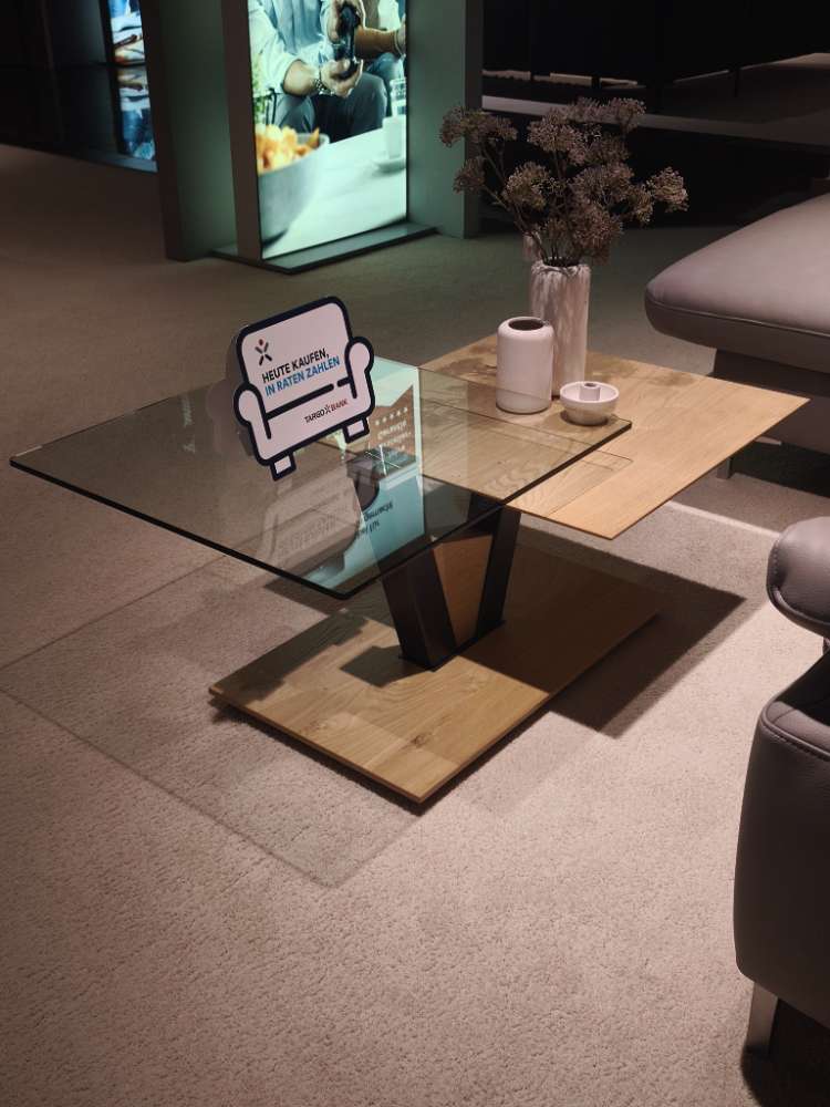 Couchtisch in Wildeiche/ Anthrazit-metallic, Glasplatte, Rollen