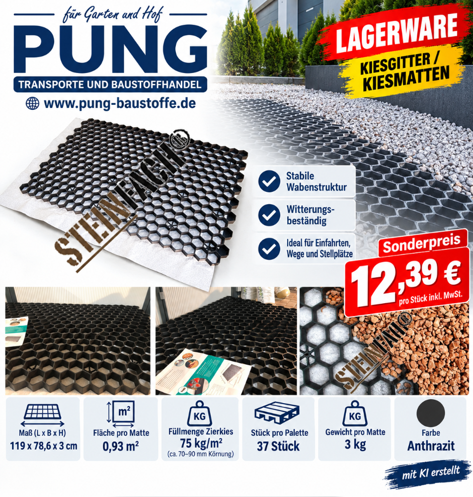 EuroGravel® Kiesgitter 119×78,6×3 cm Schwarz = 0,9 m² / Stabilisierungsmatte