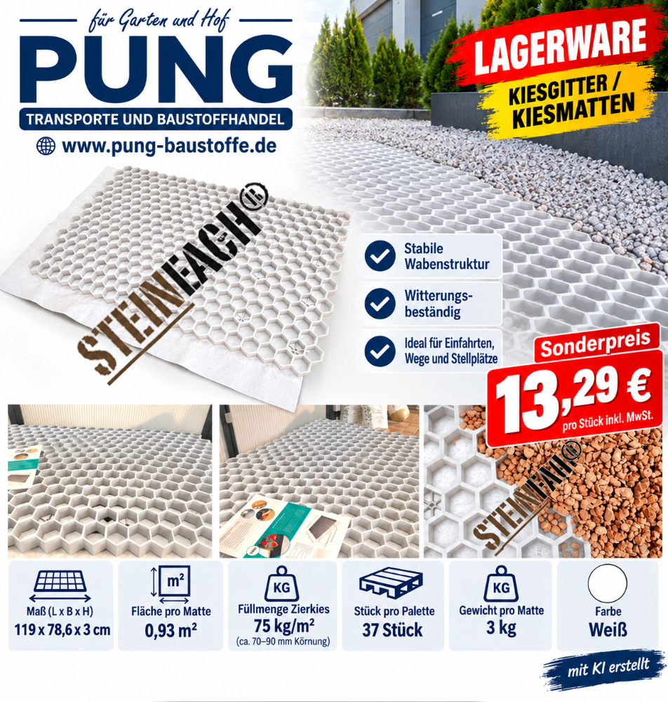 EuroGravel® Kiesgitter 119×78,6×3 cm Weiß = 0,9 m² / Stabilisierungsmatte