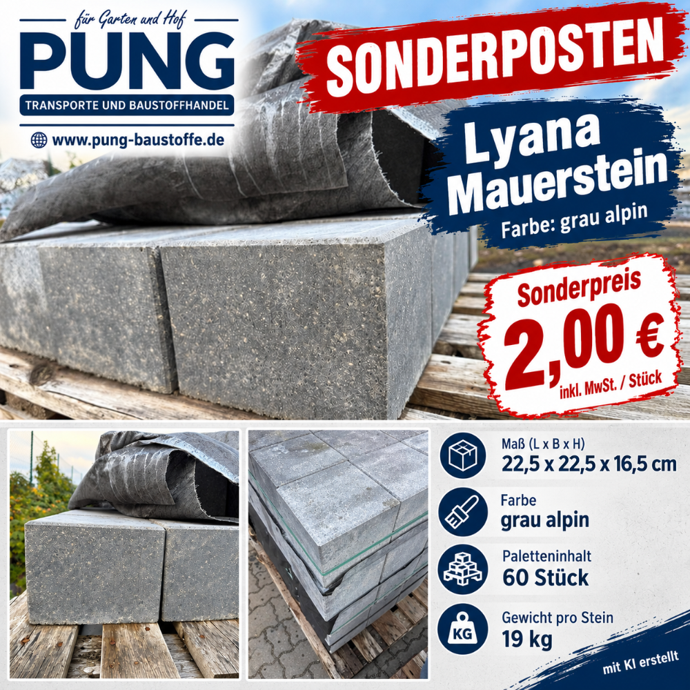 Lyana-Mauer Halbelement Graualpin 22,5×22,5×16,5 cm (2.Wahl)