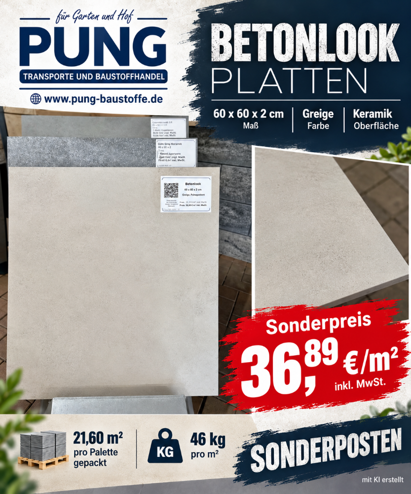 Keramik Betonlook Greige 60x60x2 cm Keramische Fliese ( Restposten )