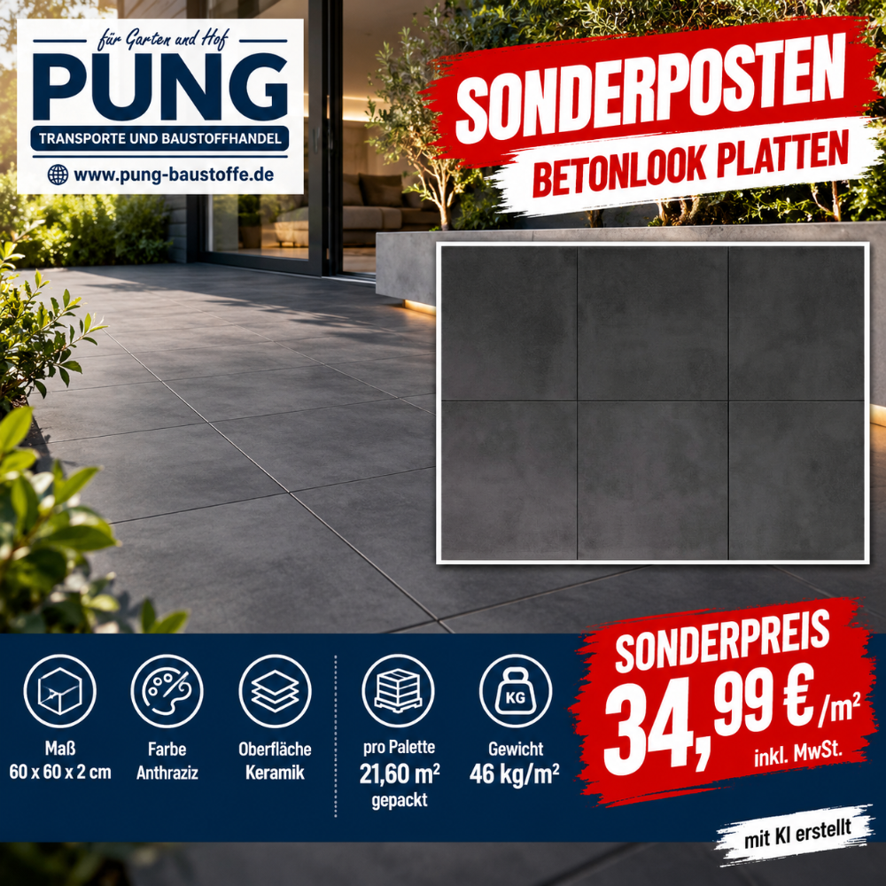 Keramik Betonlook Anthrazit 60x60x2 cm (Restposten)